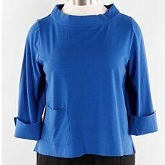 Habitat Tops - Habitat Royal Blue 100% Cotton Wide Mock Neck Long Sleeve Pocket Top Sz Lg 74021